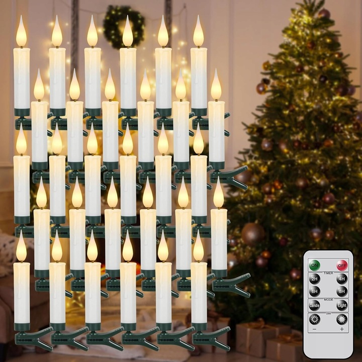 30 db LED gyertya láng nélkül, fehér, távirányítóval és rögzítőkapcsokkal karácsonyfára