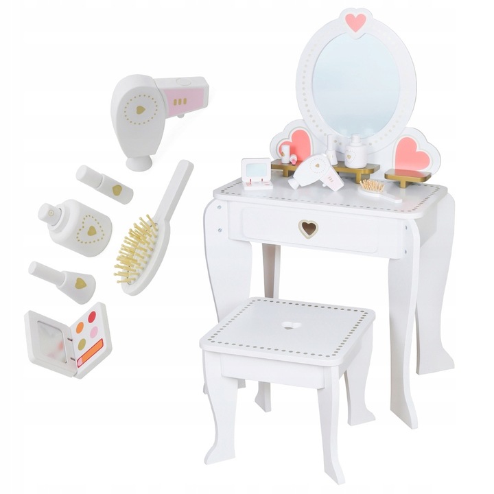 Toaleta pentru fetite, cu oglinda si masuta, alba, dimensiuni 49x34x92cm, 29x29x26cm, set