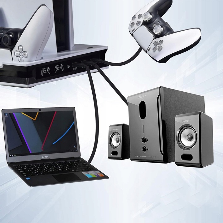 Stojak racitor PS5, incarcator cu LED, suport vertical, alb, 32x19x3,8cm, set cu 4 adaptoare magnetice