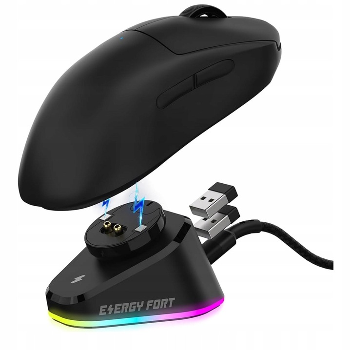 Vezeték nélküli egértöltő állomás, RGB, Logitech és Razer kompatibilis, fekete