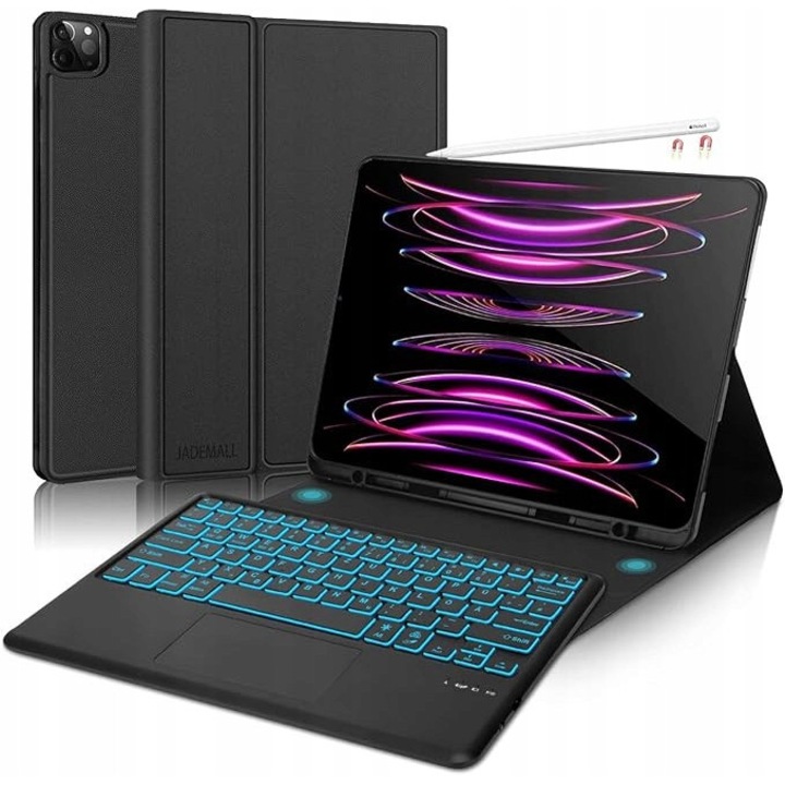 Etui cu tastatura si touchpad pentru iPad Pro 12.9, ADEMALL, 7 culori iluminare, 3 niveluri intensitate, negru