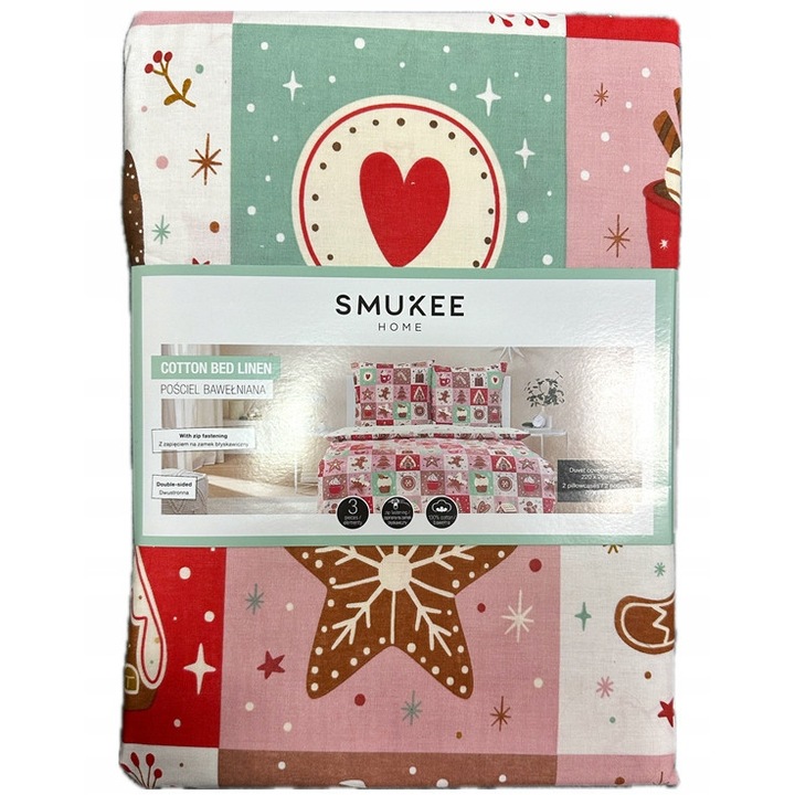 Ágyneműhuzat garnitúra, 220x200cm, 2x70x80cm, pamut anyag, ünnepi minta, többszínű