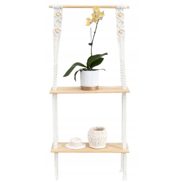 Boho függő polcok természetes fából makraméval, 14x40x118cm, világos fa szín fehér zsinórral
