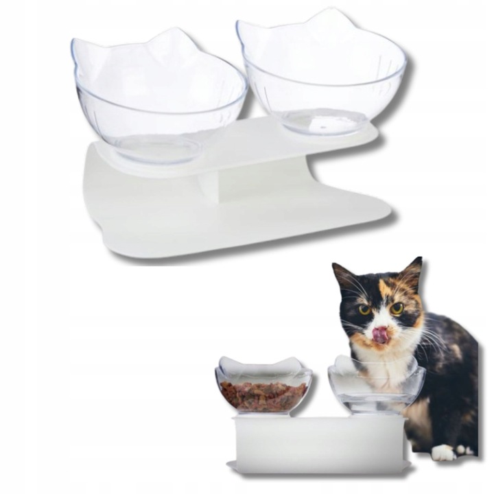 Set 2 boluri pentru pisici cu suport, 500ml, alb, dimensiuni 16x27,5x13,5cm