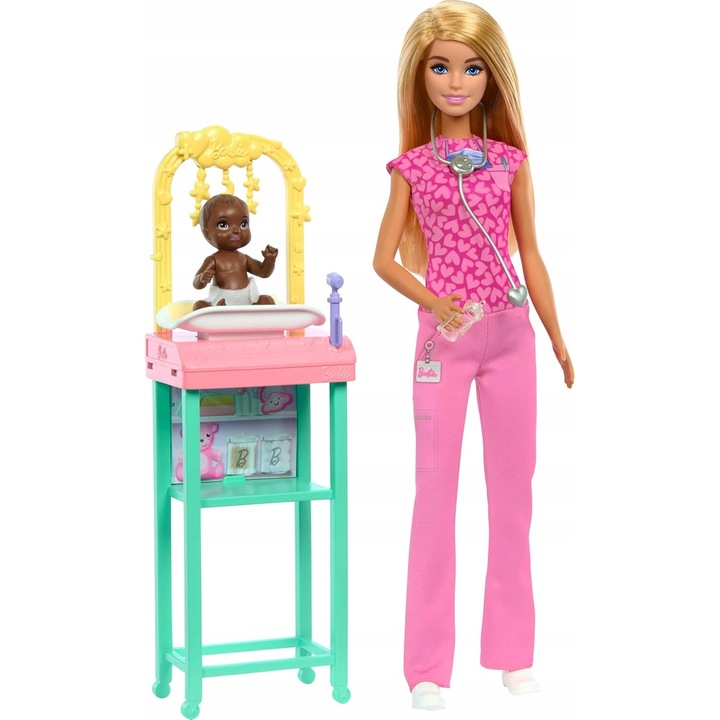 Set Barbie Pediatru cu Baietel, costum roz, accesorii medicale
