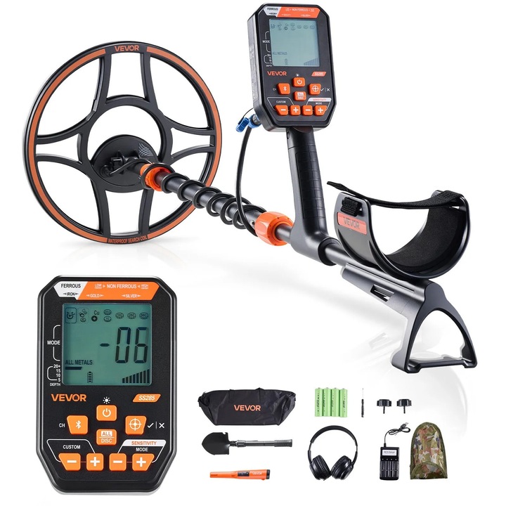 Detector de metale profesional impermeabil IP68, disc 305 mm, pentru aur, 7 moduri, afisaj digital, casti wireless, lungime reglabila