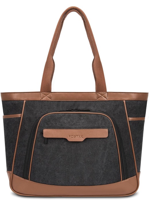 Geanta de umar pentru femei, FOSTAK, 15,6", 44x32x11cm, material Canvas si piele microfibra, culoare clasica