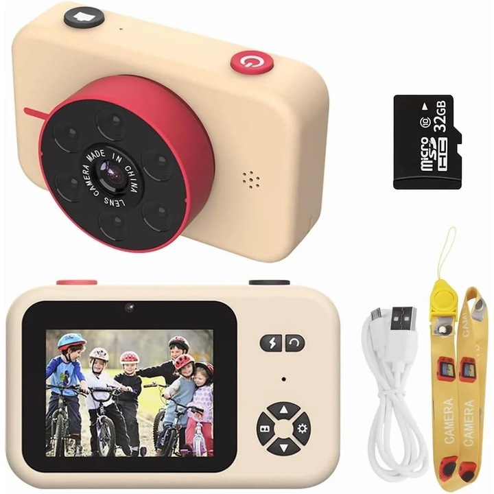 Aparat foto digital pentru copii, 1080P, autofocus, 32GB, multicolor, 3,9x2,4 inch, set complet