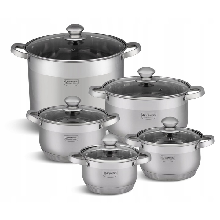 10 részes EDENBERG rozsdamentes acél edénykészlet, 5 edény fedővel, tapadásmentes, méretek 16x10,5cm, 18x11,5cm, 20x12,5cm, 24x14,5cm, 28x23cm