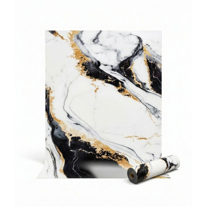 Rola tapet autoadeziv premium NEXTLY, marmura alba, waterproof, ajustabil, adeziv puternic, usor de montat, acoperire 3.6 mp, 120x300 cm, 2.5 mm grosime, alb-negru-auriu