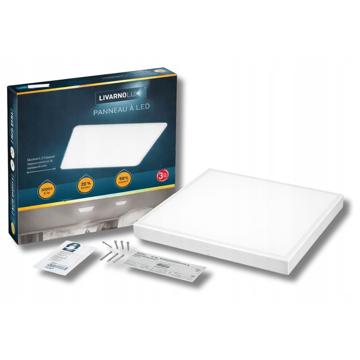 LED mennyezeti lámpa 20W, 3000 lm, semleges, 45x45x7,5 cm, szerelőkészlet