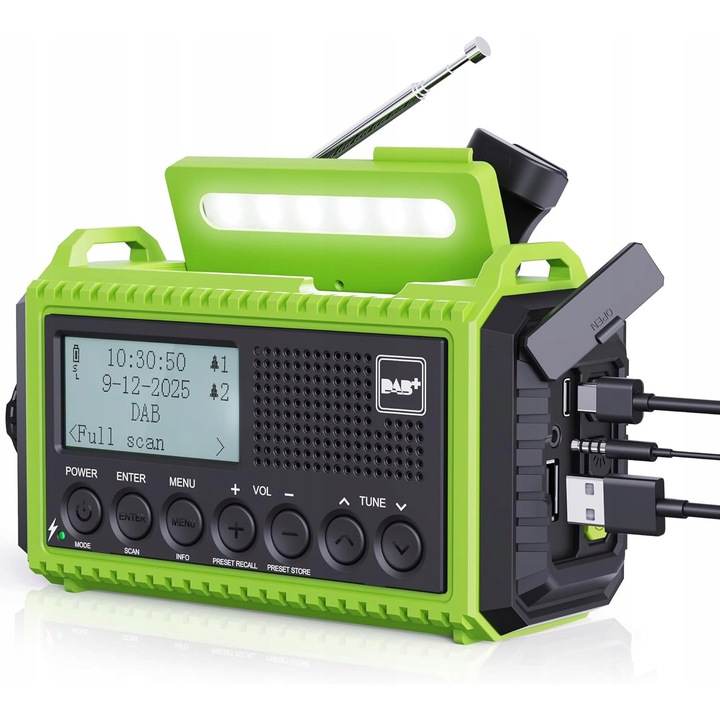 Radio portabil DAB/FM cu manivela, acumulator 5000 mAh, panou solar, USB
