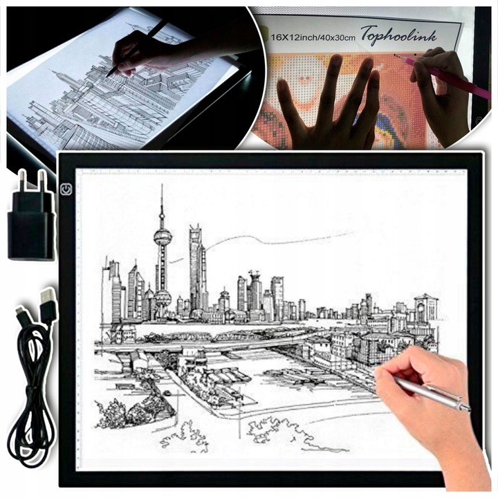 Tabla de desen A4 cu iluminare LED, 3 niveluri de intensitate, 300x210mm, set cu cablu USB si incarcator