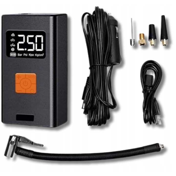 Compresor portabil cu acumulator 2000mAh, display digital, iluminare LED, compact