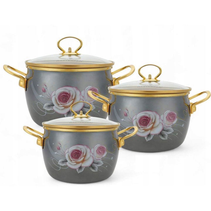 Zománcozott edénykészlet 6 db, 2.4L - 4.5L, szénacél, fekete