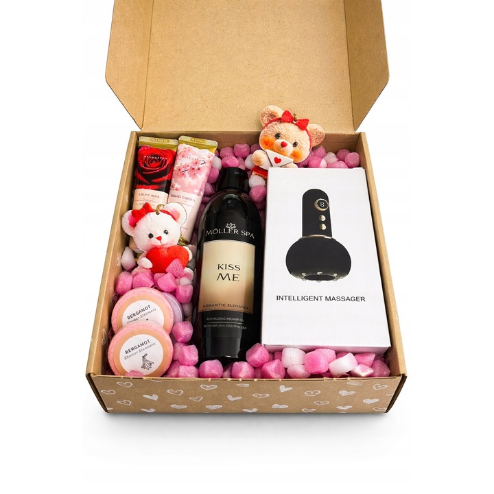 Női ápolókészlet, masszázs, 9 intenzitási szint, 300 ml tusfürdő, 2 kézkrém, 2 pezsgőfürdő golyó, többszínű