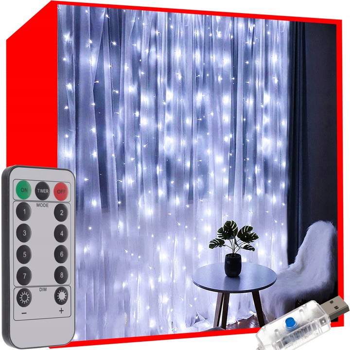 Cortina luminoasa 300 LED, alb rece, cu telecomanda, 8 moduri de iluminare, 580cm, set complet