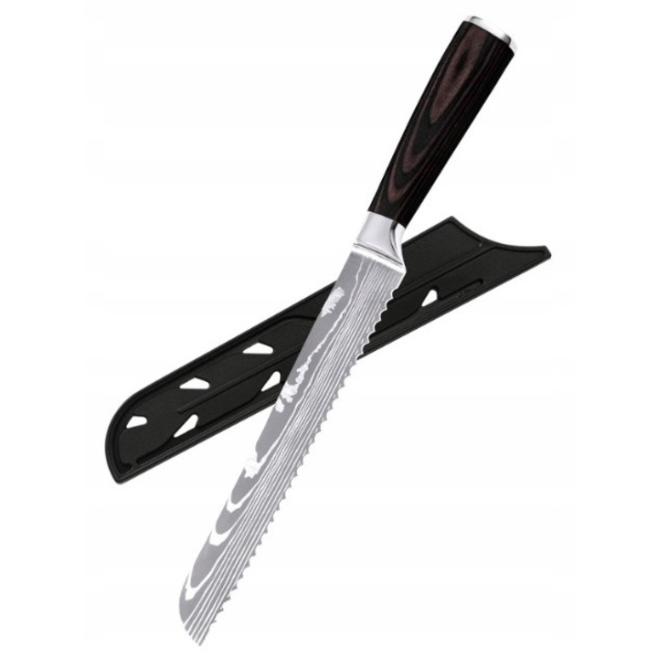 Noz de bucatarie 8 inch, XYJ, din otel inoxidabil, cu maner din lemn, pentru taiere paine si pizza