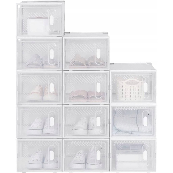 Set 12 cutii pentru incaltaminte, 25x18,5x35,5cm, alb si transparent, organizatoare imbracaminte si incaltaminte
