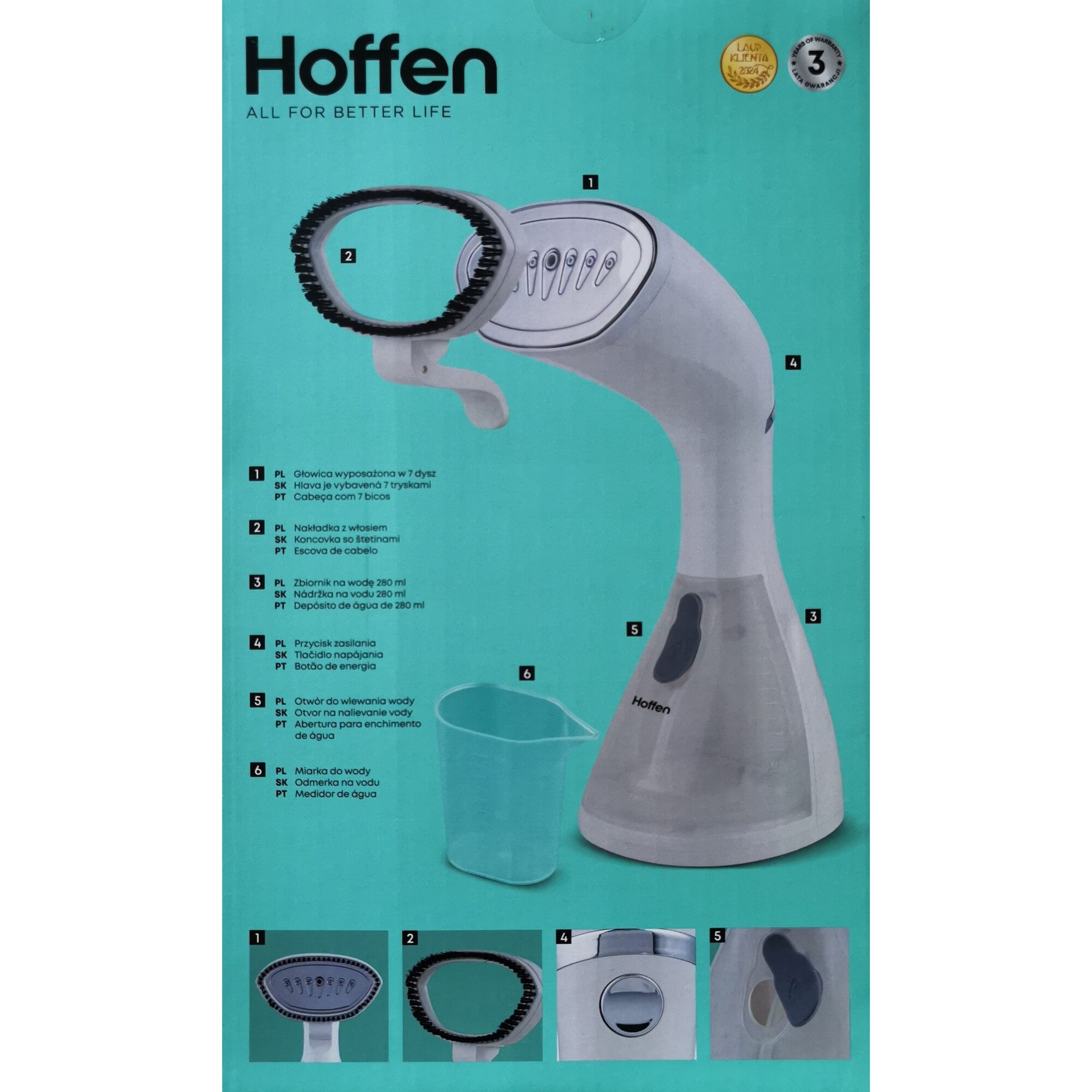 Parownica do ubran Hoffen 1600W, 280 ml, 7 dysz, set cu nakladka ze szczotka