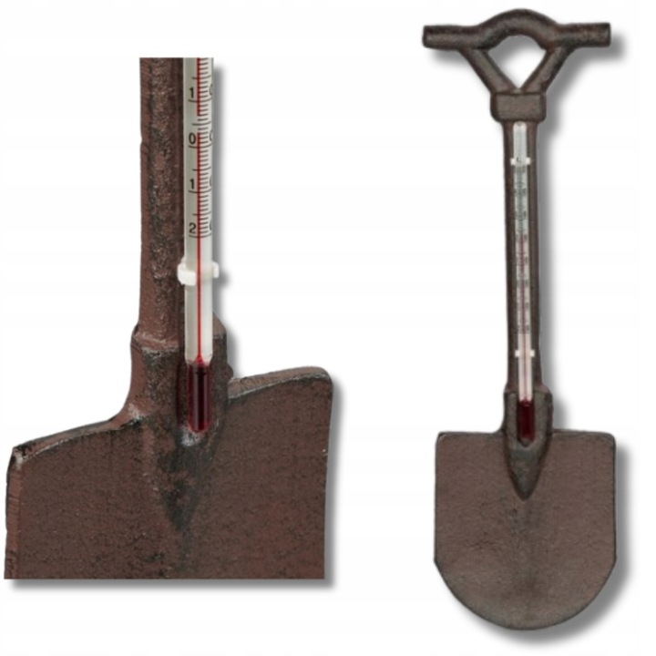 Termometru decorativ de exterior din fonta, design rustic in forma de lopata, culoare bruna, dimensiuni 30x9x1,5cm