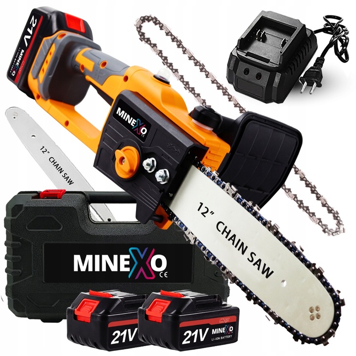 MINEXO láncfűrész, 1000W, 12", komplett szett 2 akkumulátorral, könnyű súly, gyors vágás