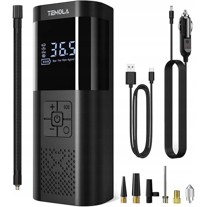 Compresor auto TEMOLA mini 12V, 150PSI, portabil, cu manometru, set complet