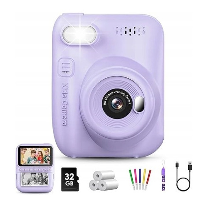 Детска моментална камера, 32MP, FullHD, 3.0" екран, комплект с 3 ролки термохартия, 32GB карта памет