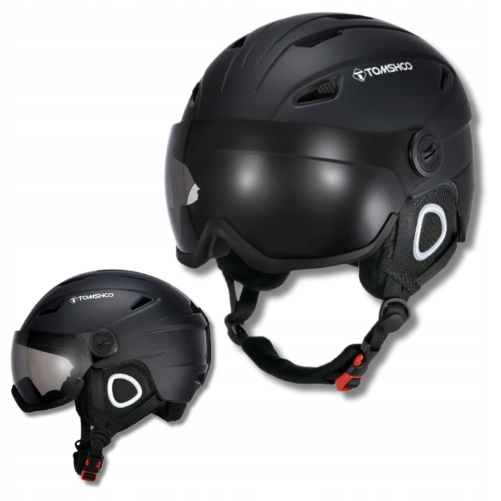 Casca de schi cu viziera Tomshoo, neagra, marimea M (55-58 cm), set cu nausnice si capac detasabil