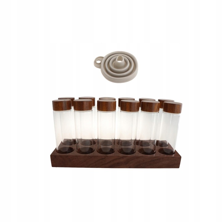 Set suport sticla pentru cafea, 12 tuburi scurte, baza din lemn de nuc, dimensiuni 21,5cm x 8cm x 2,4cm