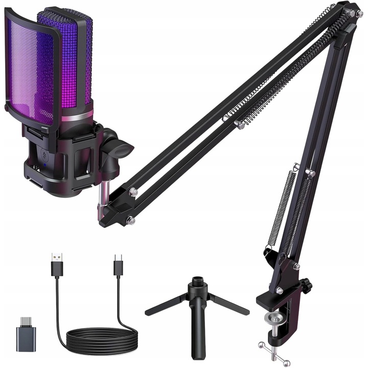 Microfon condensator, BKD-11 Pro RGB USB, Negru, cu Accesorii