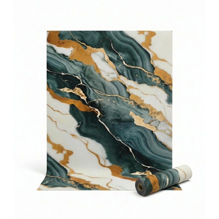 Rola tapet autoadeziv premium NEXTLY, marmura verde alb, waterproof, ajustabil, adeziv puternic, usor de montat, acoperire 3.6 mp, 120x300 cm, 2.5 mm grosime, verde-alb