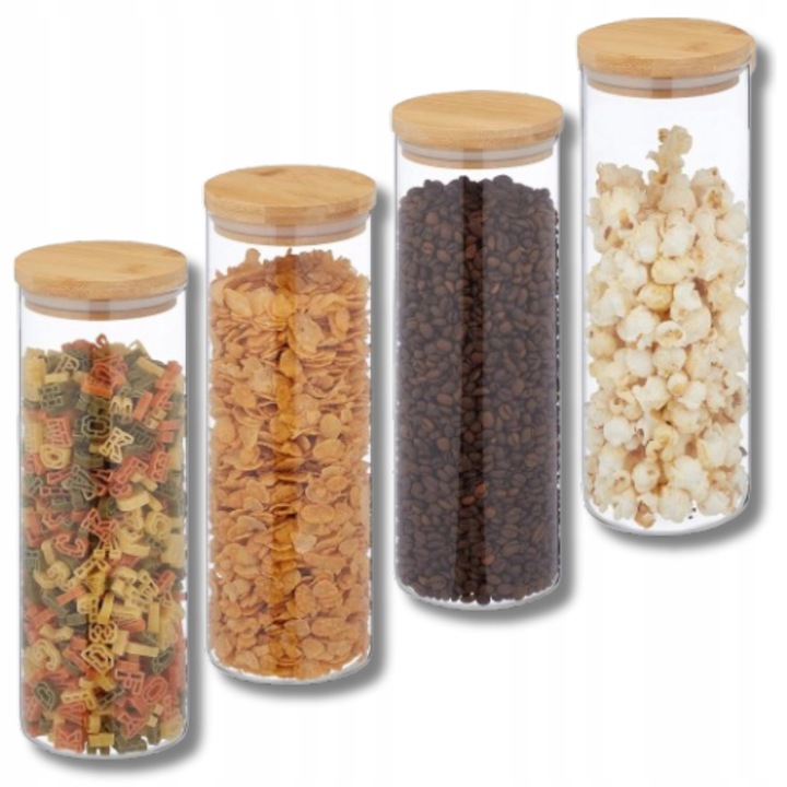 4 darabos üveg tárolóedény készlet bambusz tetővel, 1600ml