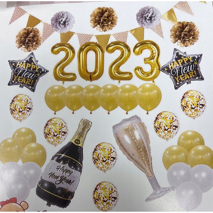 Újévi dekorációs készlet, 2023-as léggömbök, 80-90cm