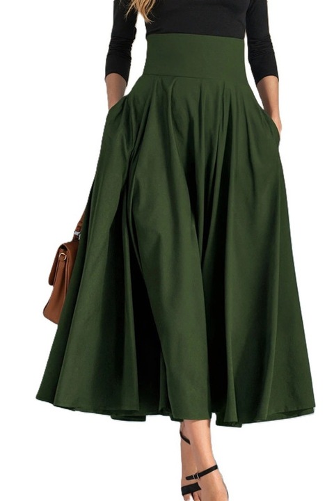 Fusta Dama, Talie Inalta, Cu Buzunare, Funda La Spate, Evazata, Verde inchis