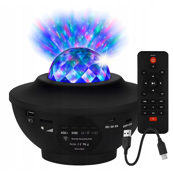 LED csillagprojektor, fekete, 21 fényeffektus, Bluetooth, USB, 8W