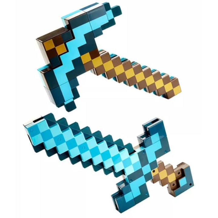 Комплект играчки Minecraft - Меч-Кирка 2 в 1, 44x27см и 54x27см, метална бутилка 400мл, различни цветове