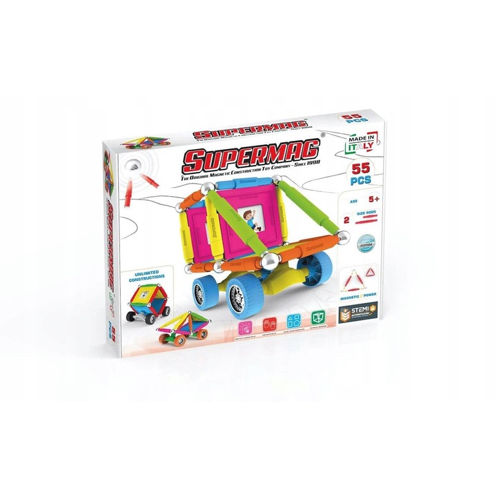 Set de constructie magnetica Supermag Wheels 55, 55 componente, multicolor, pentru copii
