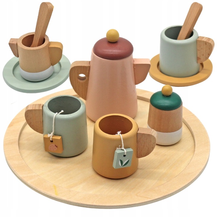 Set de Servire pentru Ceai si Cafea din Lemn pentru Copii, 2 Persoane, Multicolor, 26x27cm