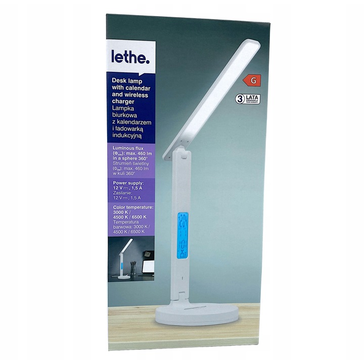 Lampa birou LED Lethe, alba, cu calendar si incarcator inductiv