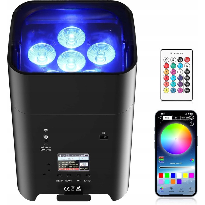 LED színpadi reflektor 6x18W RGBWA+UV 9600mAh akkumulátorral, alkalmazáson keresztül vezérelhető