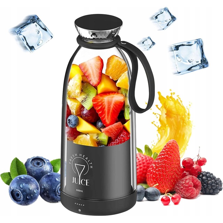 Преносим блендер за смути, 500 мл, 6 остриета, USB зареждане, черен