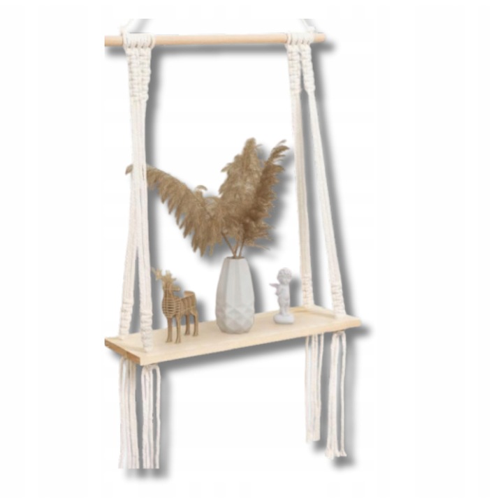 Természetes fából készült függő polc, Boho stílus, pamut zsinórral, állítható méretek, világos fa szín