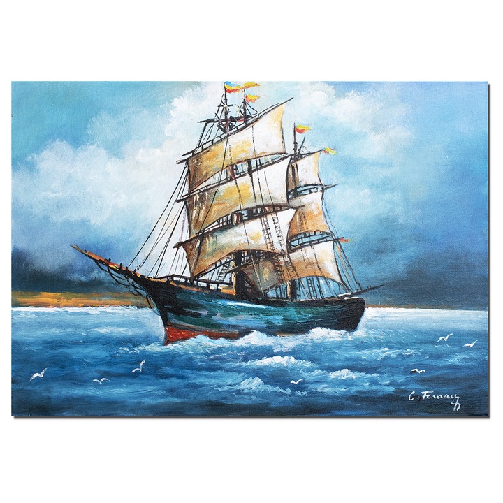 Tablou peisaj marin cu velier pictat manual, In bataia vantului, 70x50cm ulei pe panza, Constantin Feraru