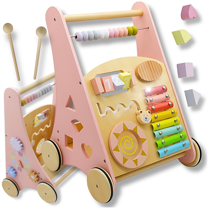 Творческа количка за сортиране с ксилофон, интерактивна играчка за бебета, размери 36x31x47cm, от дърво и метал, многоцветни