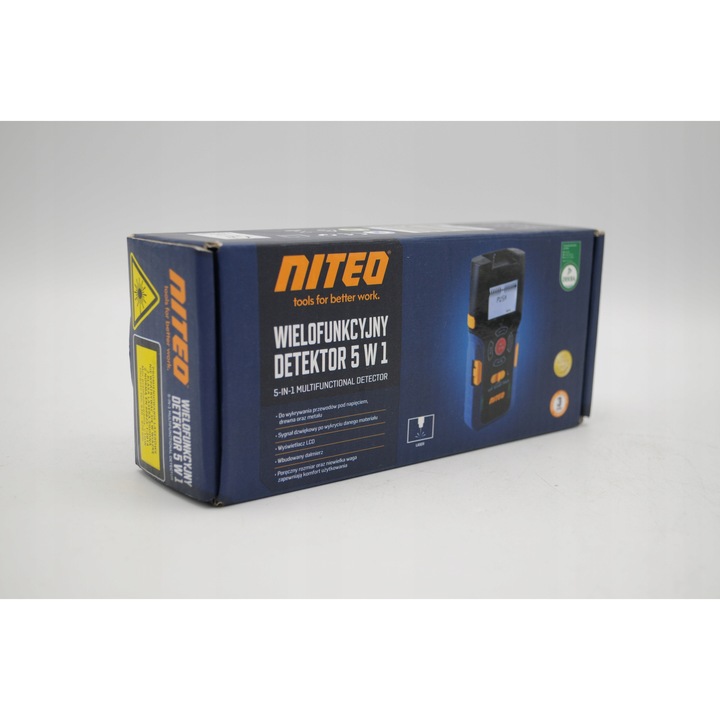 Detector multifunctional 5 in 1 Niteo, detectare cabluri sub tensiune, lemn, metale, dimensiuni compacte