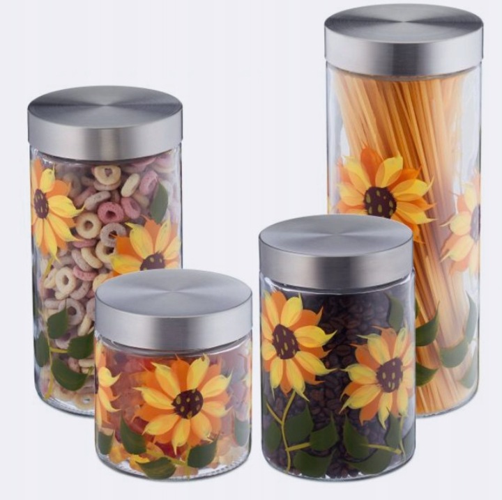 Set de 4 borcane din sticla cu capac din inox, model floral, dimensiuni variate 12x11cm, 17x11cm, 22x11cm, 27,5x11cm
