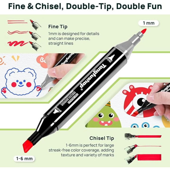 Set de markere artistice 80 bucati, multicolor, varf dublu, rapid uscare