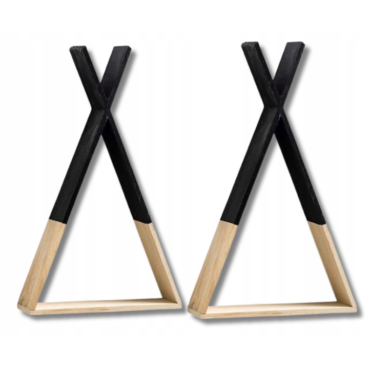 Set 2 rafturi din lemn natural, Nacnic, stil scandinav, triunghiulare, 36x23x7cm, negru