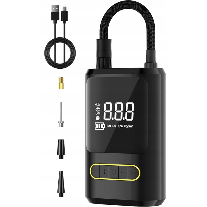 Compresor auto portabil, 150 PSI, acumulator, cu display LED, set cu adaptoare